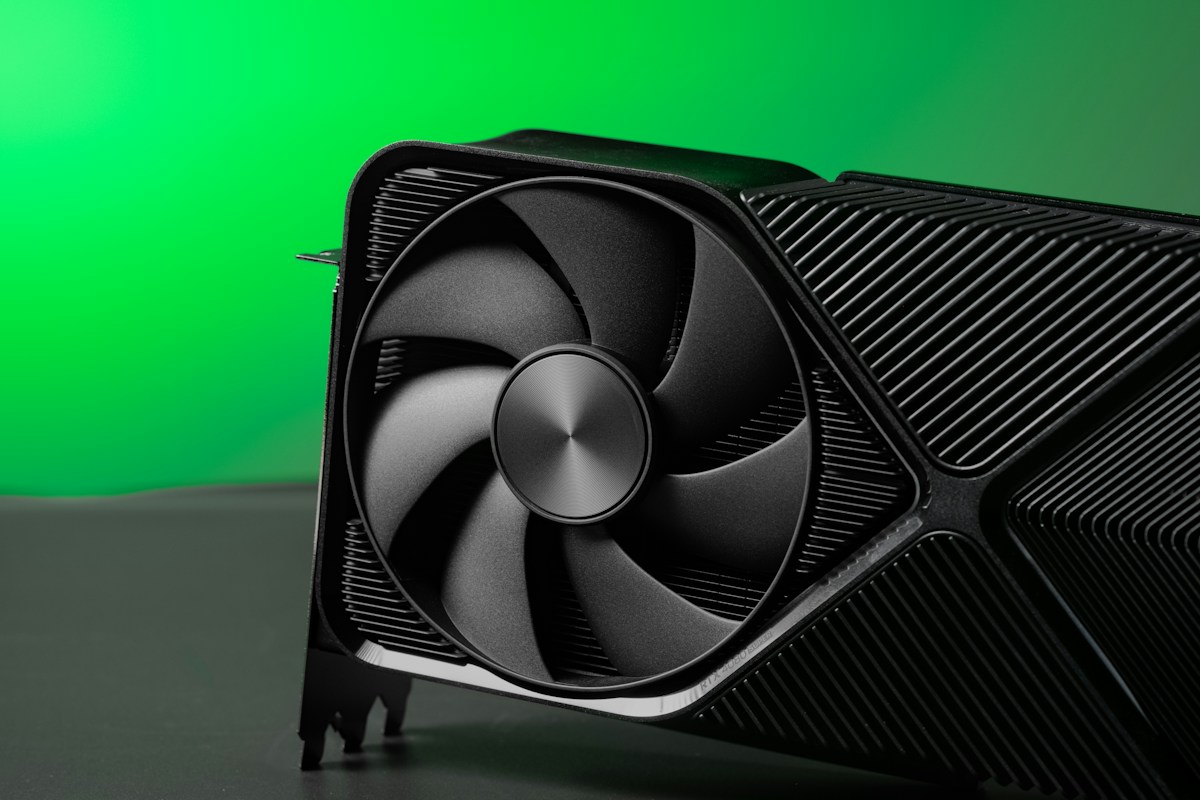 Close-up of a graphics card fan and heatsink